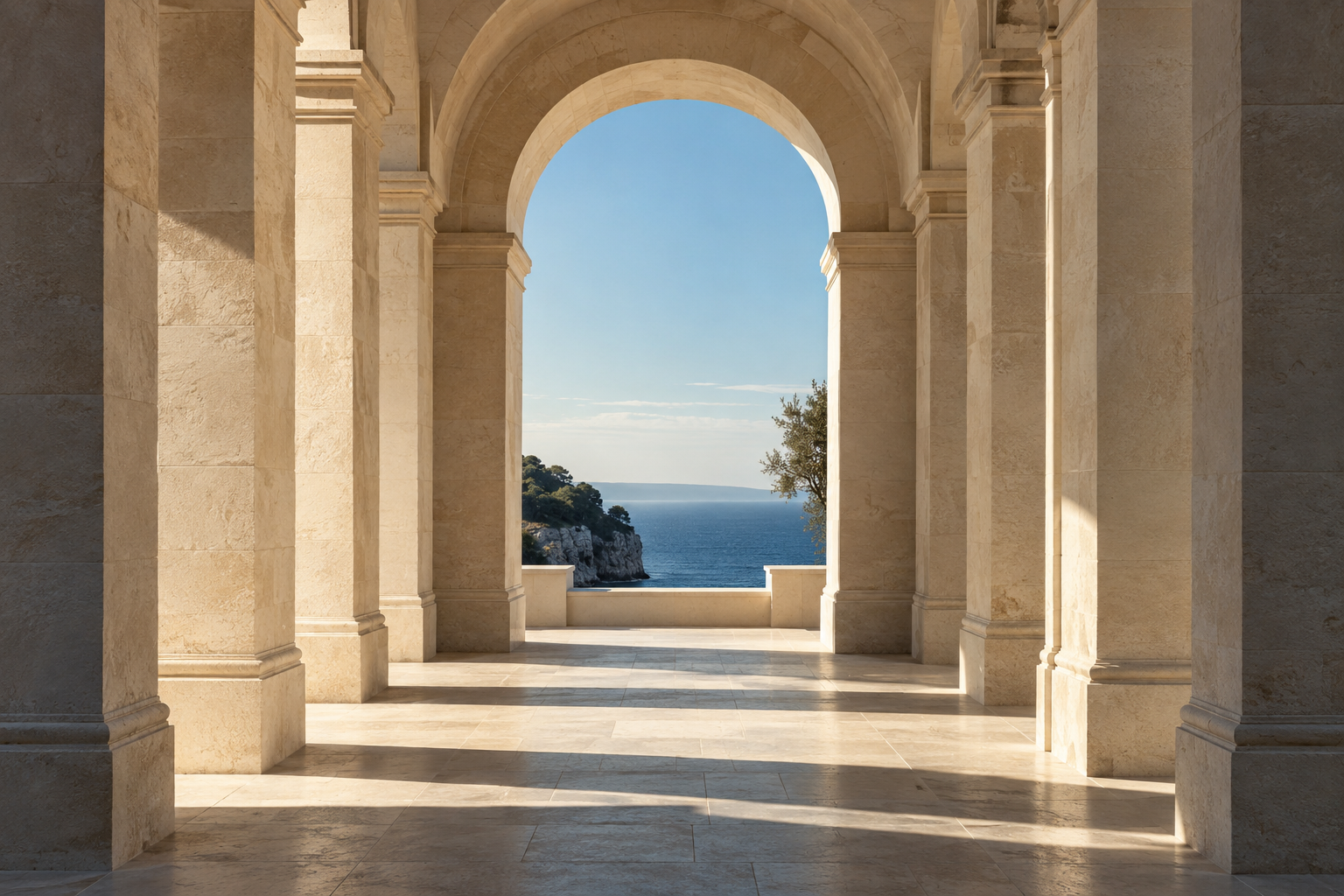 Sunlit stone arches framing an open sea horizon